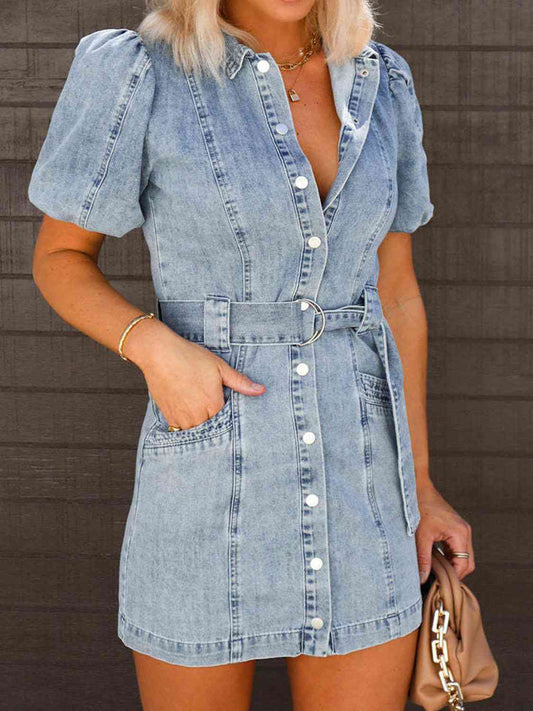 Puff Sleeve Belted Denim Dress