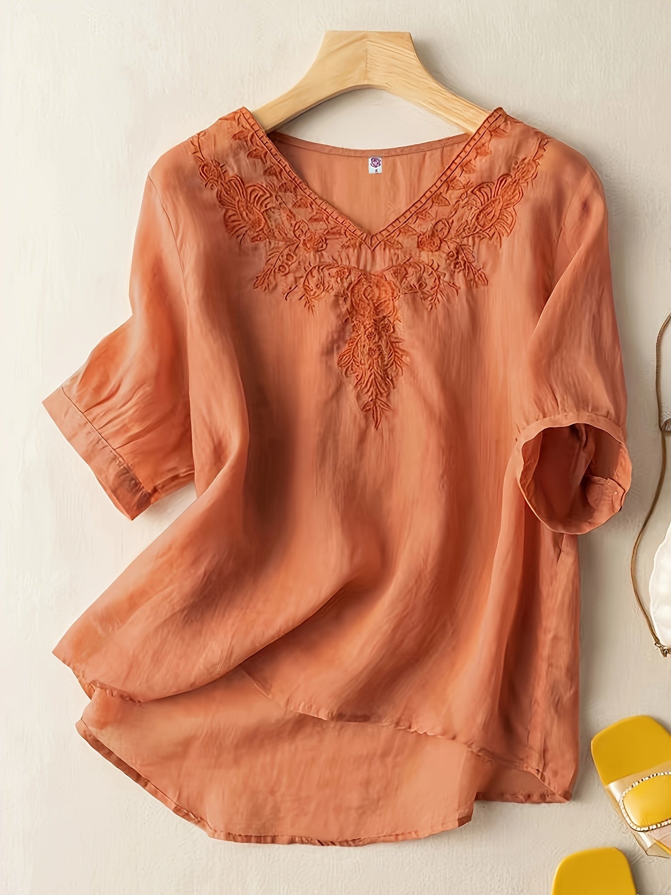 Women's V-Neck Blouse - Embroidered Detail - Short Sleeve - Lightweight & Flowy