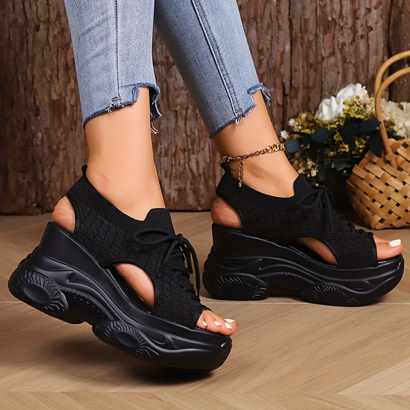 Chunky platform lace-up wedge sandals with knit design for women