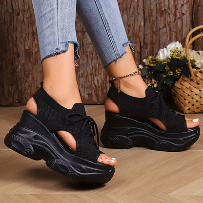 Women's Platform Wedge Sandals - Lace-Up Knit Design - Open Toe Breathable Comfort