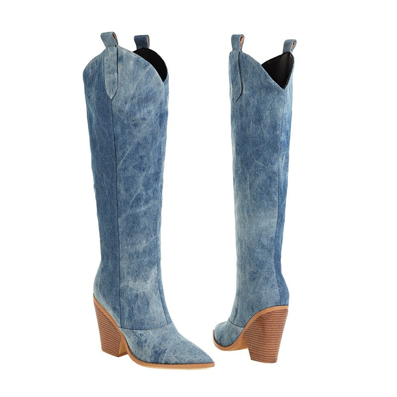 Women's niche slit pointed toe ultra high heel high tube denim boots
