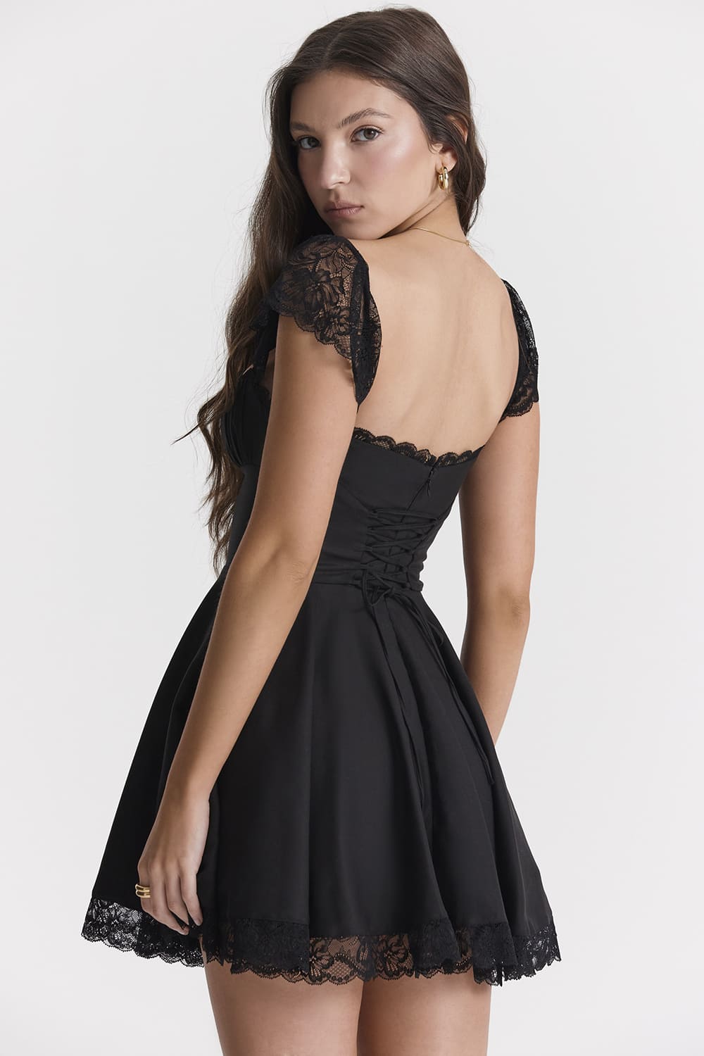 Women's Mini Dress - Lace Trim - Square Neck - A-Line Silhouette - Elegant Style