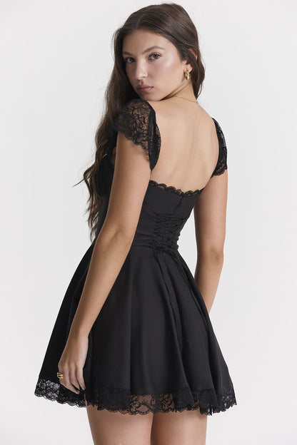 Women's Mini Dress - Lace Trim - Square Neck - A-Line Silhouette - Elegant Style