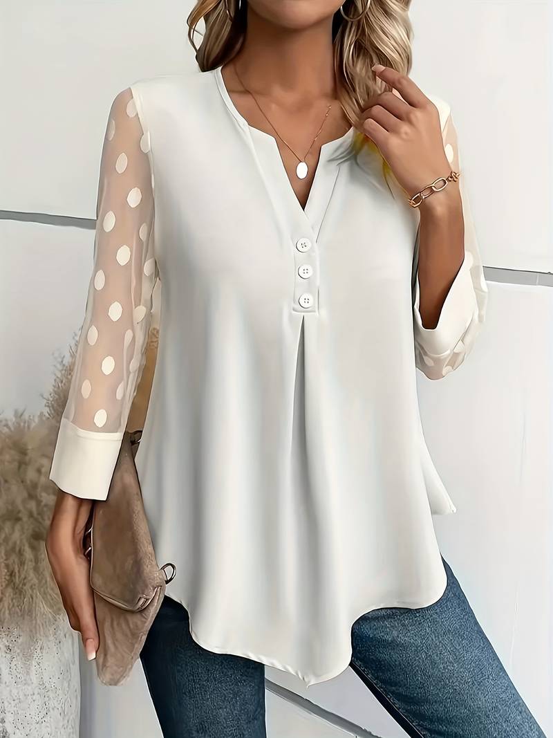 Women's Blouse - Sheer Polka Dot Sleeves - Round Neck - Relaxed Fit Stylish Wear