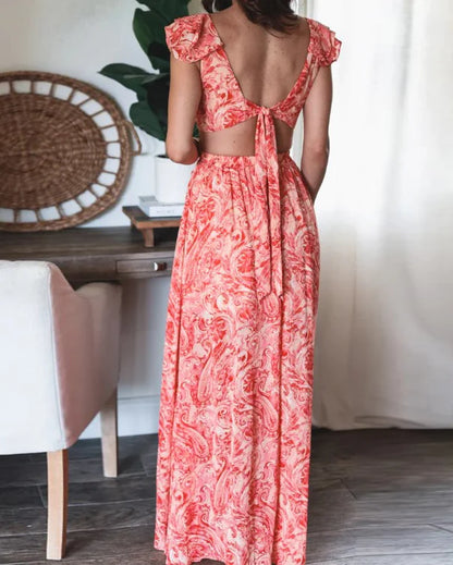 Women's Maxi Dress - Plunging V-Neck - Ruffled Sleeves - Cut-Out Waist - Flowy A-Line
