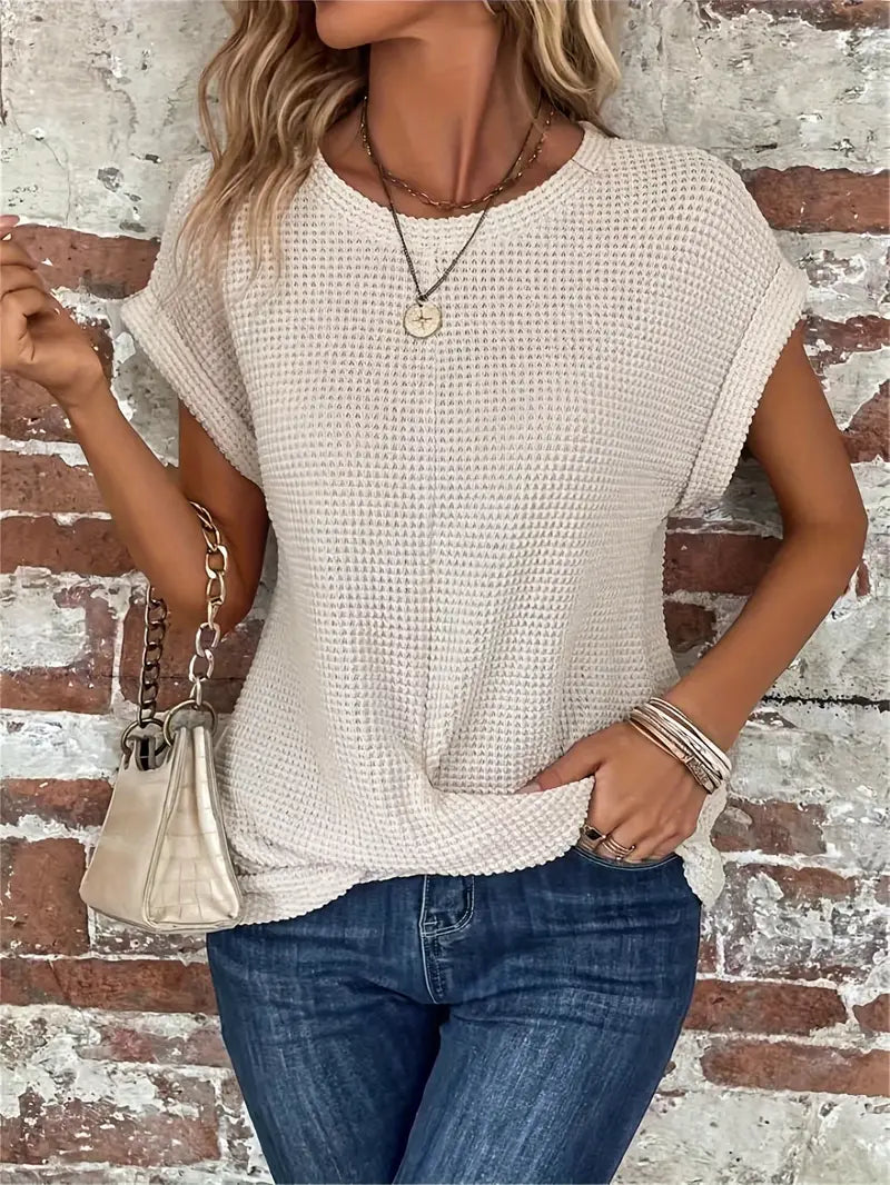 Women's Casual Top - Waffle Knit - Short Sleeve Rolled Cuff - Round Neck Relaxed Fit