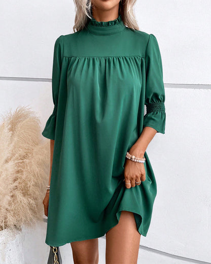 Women's Dress - Flowy Loose Fit - High Neck Ruffle - 3/4 Sleeve Elegant Style