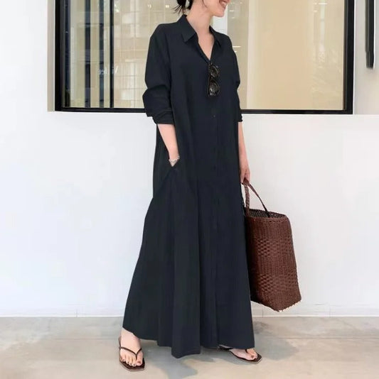 Solid Color Long Sleeve Pocket Casual Dress