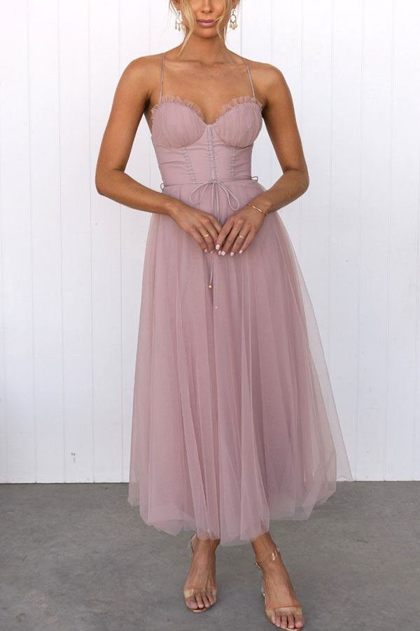 Women's Tulle Maxi Dress - Spaghetti Straps - Fitted Bodice - Layered Flowing Skirt