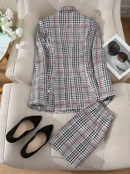 Two-piece plaid blazer and mini skirt set with gold buttons for women