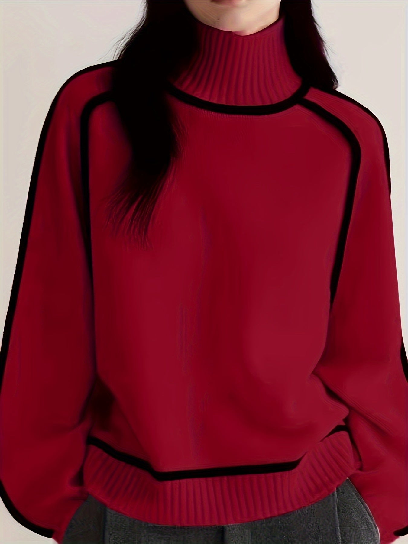 High-neck knit sweater with outlined design and long sleeves for women