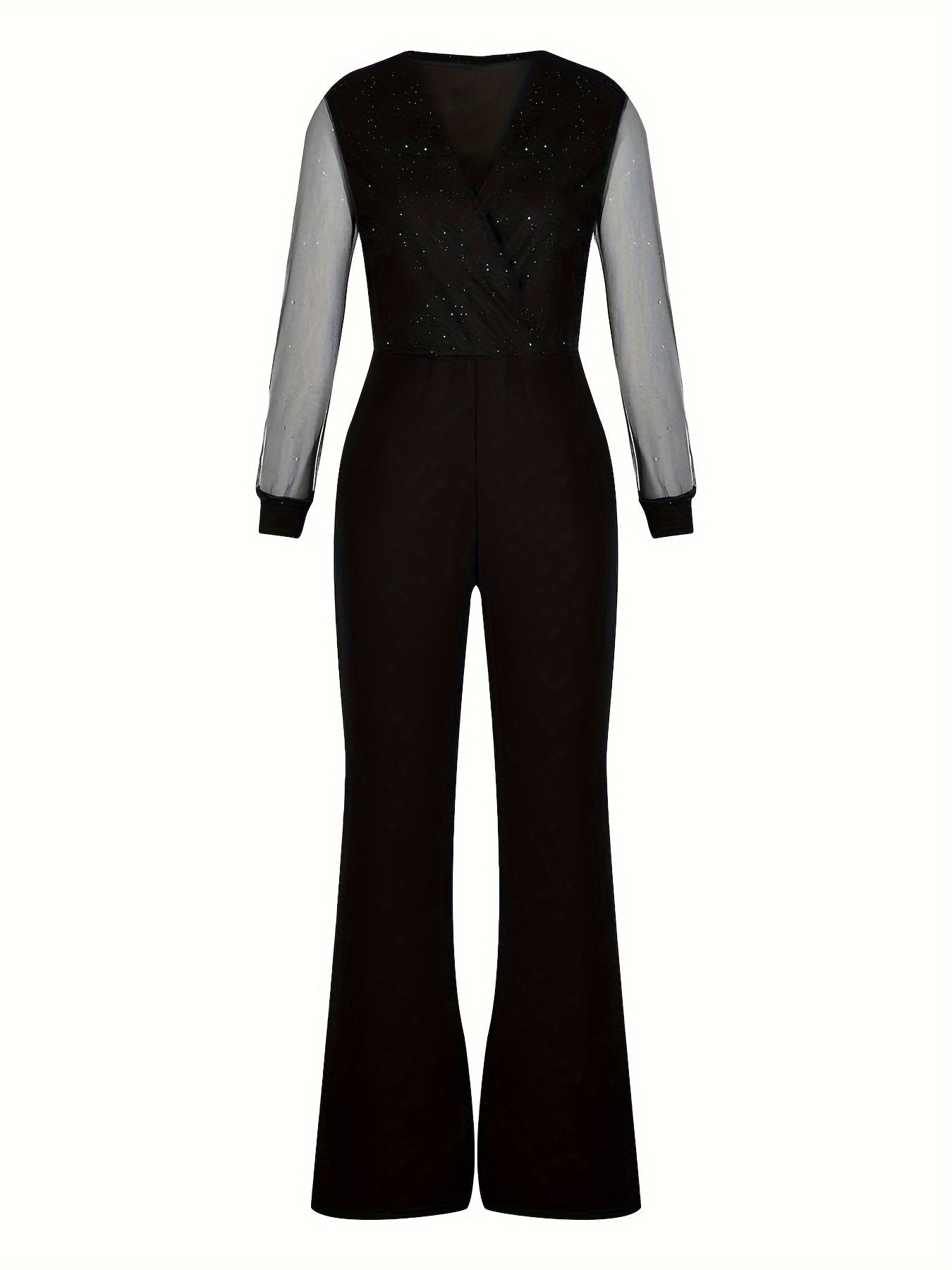 Women's Jumpsuit - Deep V-Neck - Sheer Sleeve with Sparkling Detail - Wide-Leg Fit