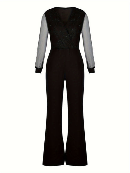 Women's Jumpsuit - Deep V-Neck - Sheer Sleeve with Sparkling Detail - Wide-Leg Fit
