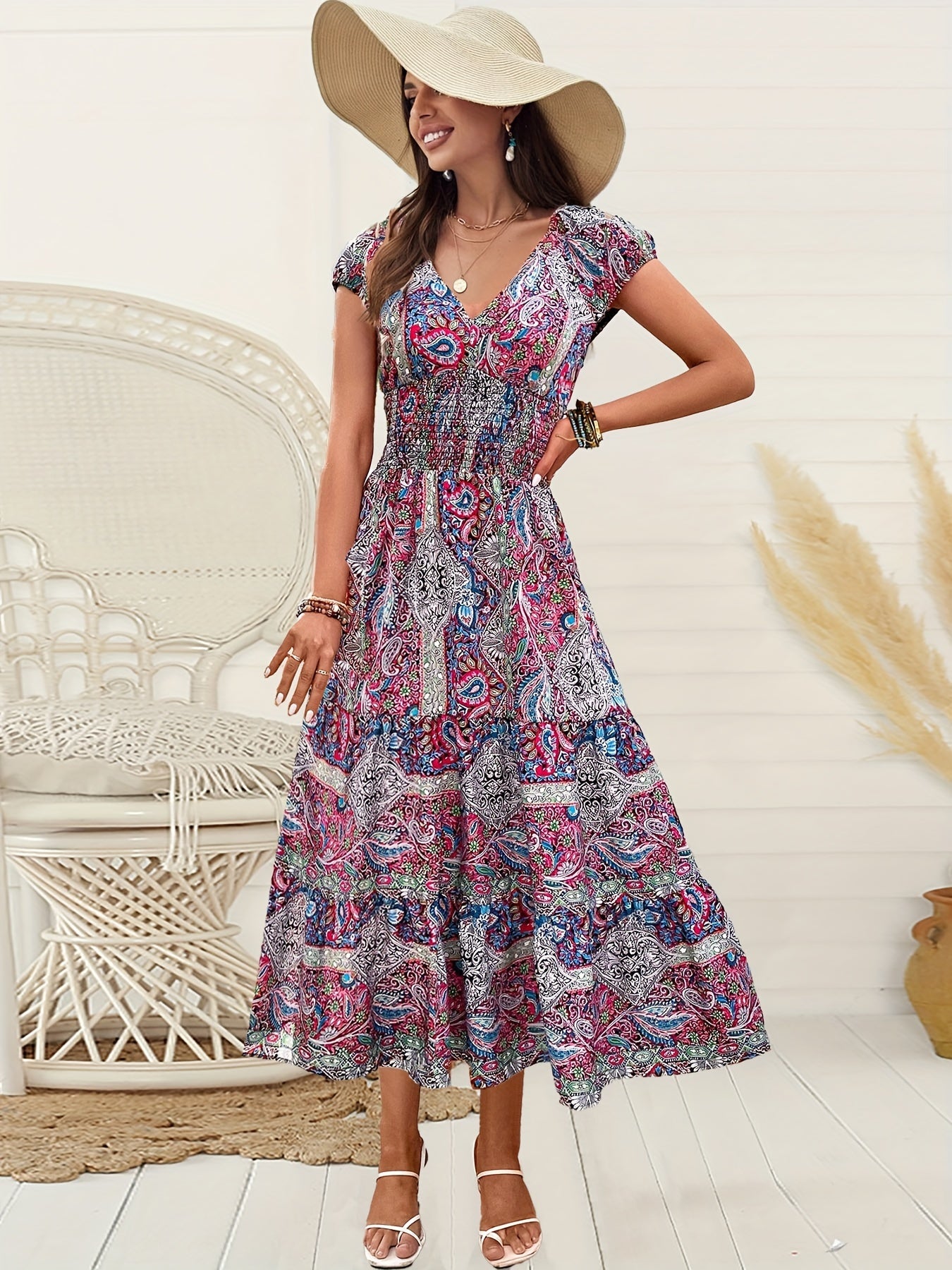 Bohemian V-neck short sleeve paisley print maxi dress for women