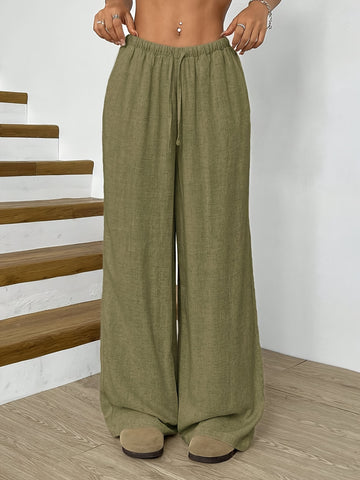 Green casual wide-leg drawstring waist pants for women