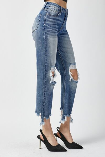 Women’s Straight Leg Jeans - High Waist - Cropped Length - Distressed Ripped Denim