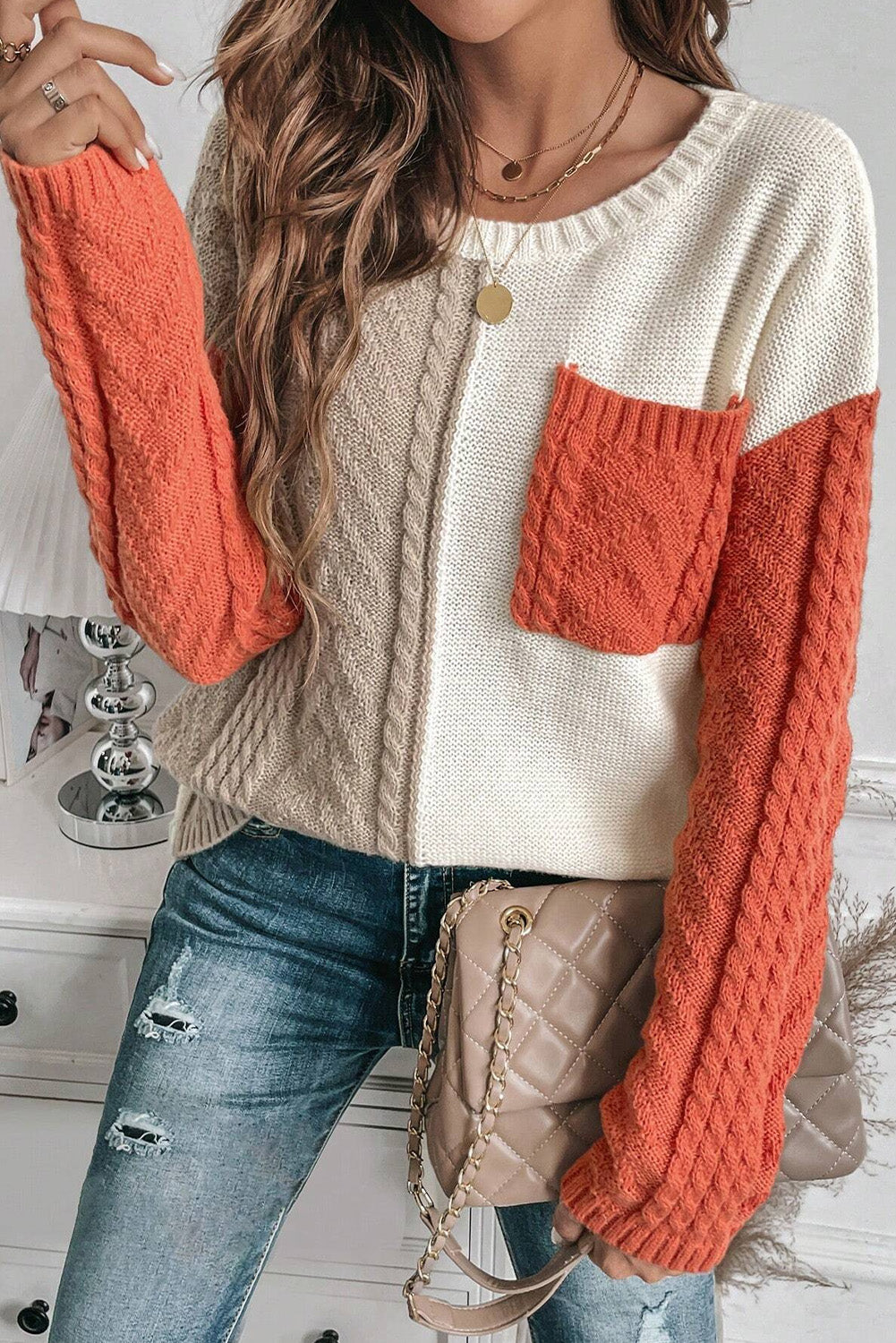 Women's casual patchwork pullover knitted sweater with pockets