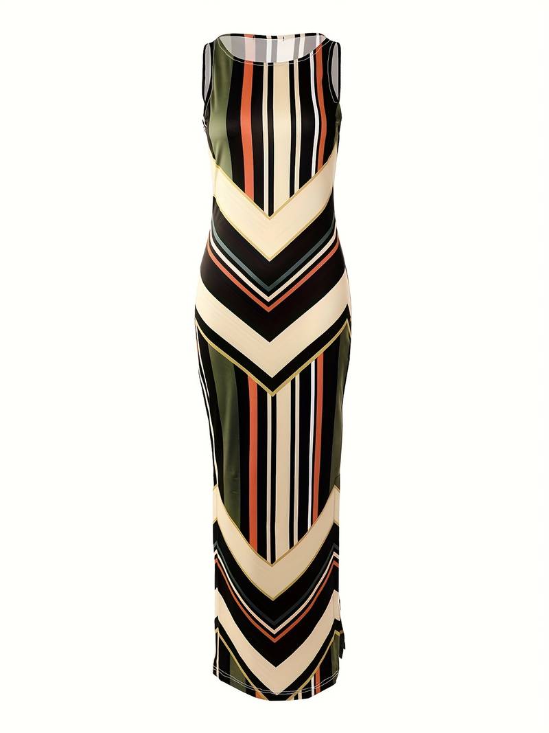 Women's Maxi Dress - Sleeveless Chevron & Stripe Pattern - Round Neck - Side Slit