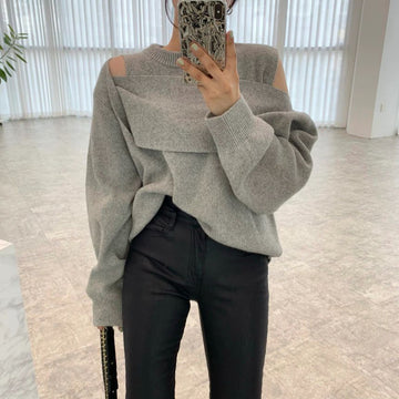 Women's gray long sleeve sweater with stylish cut design