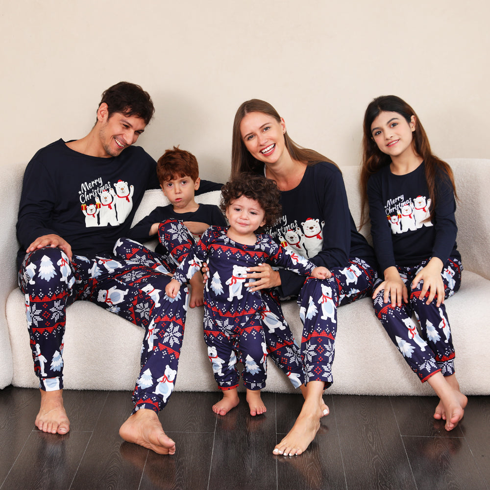 Family matching Christmas pajamas with polar bear design