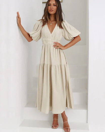 Women's Midi Dress - V-Neck - Puff Sleeve - Fitted Waist - Tiered Skirt - Lightweight