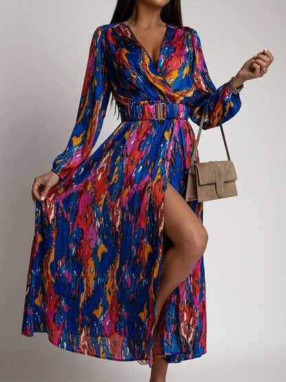 Women's Wrap Dress - V-Neck Long Sleeve - Fitted Waist High Slit Flowy Skirt