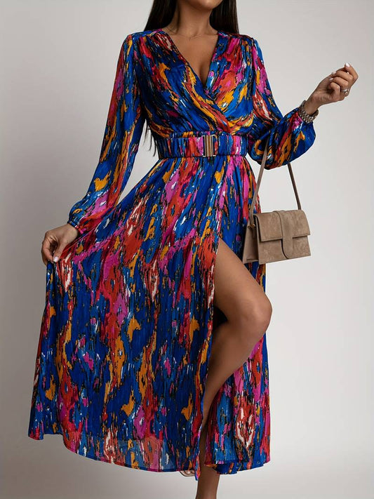 Fitted Waist High Slit Wrap Dress