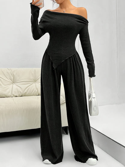 Two-piece off-shoulder ribbed top and wide-leg pants set for women