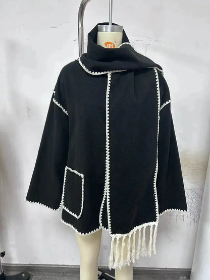 Women's coat with tassel scarf loose fit