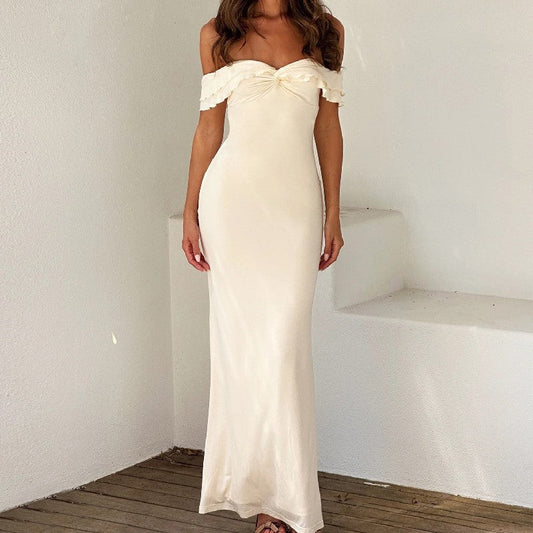 Satin Finish Off-Shoulder Ruffle Maxi Dress