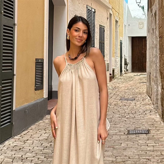 Flowy Halter Neck Ruched Maxi Dress