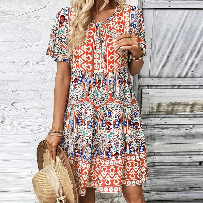 Women's Bohemian Dress - V-Neck Short Sleeve - Flowy Lightweight Casual Wear