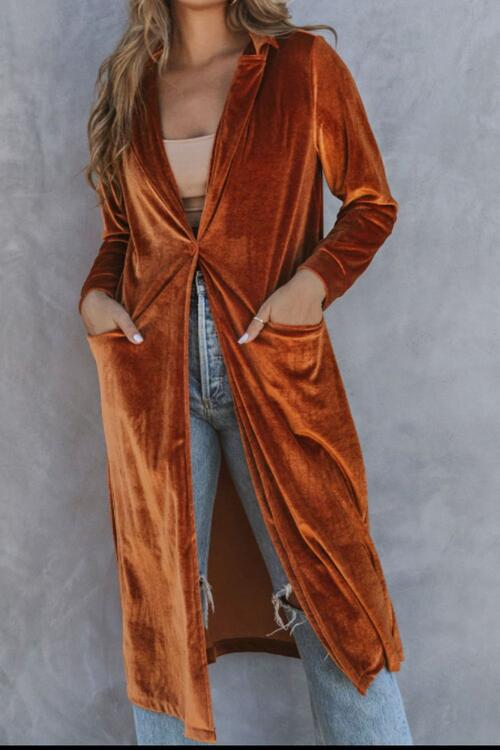 Women's longline velvet cardigan with pockets