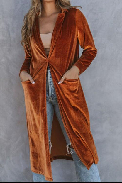 Women's longline velvet cardigan with pockets