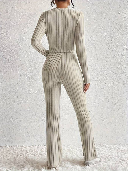 Women’s Knit Set – Ribbed Two-Piece – Long Sleeve Twist Top – High-Waist Flared Pants