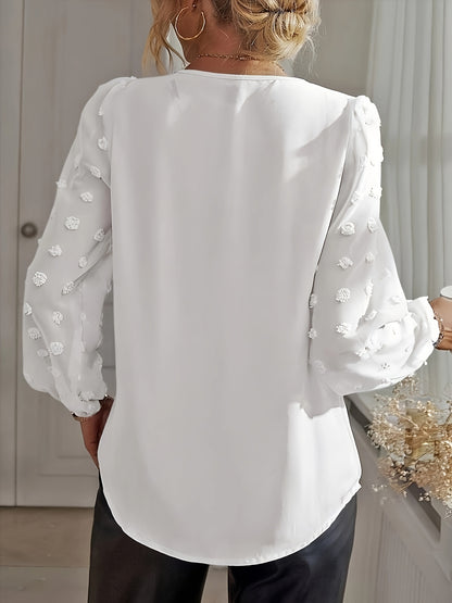 Women's Blouse - V-Neck - Sheer 3D Applique Sleeves - Relaxed Fit - Elegant Style