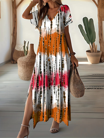 Women's Maxi Dress - Tie-Dye Print - V-Neck - Short Sleeve - Flowy with Side Slits