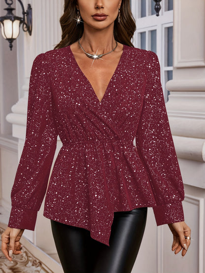 V-neck long-sleeved asymmetrical hem peplum top for women
