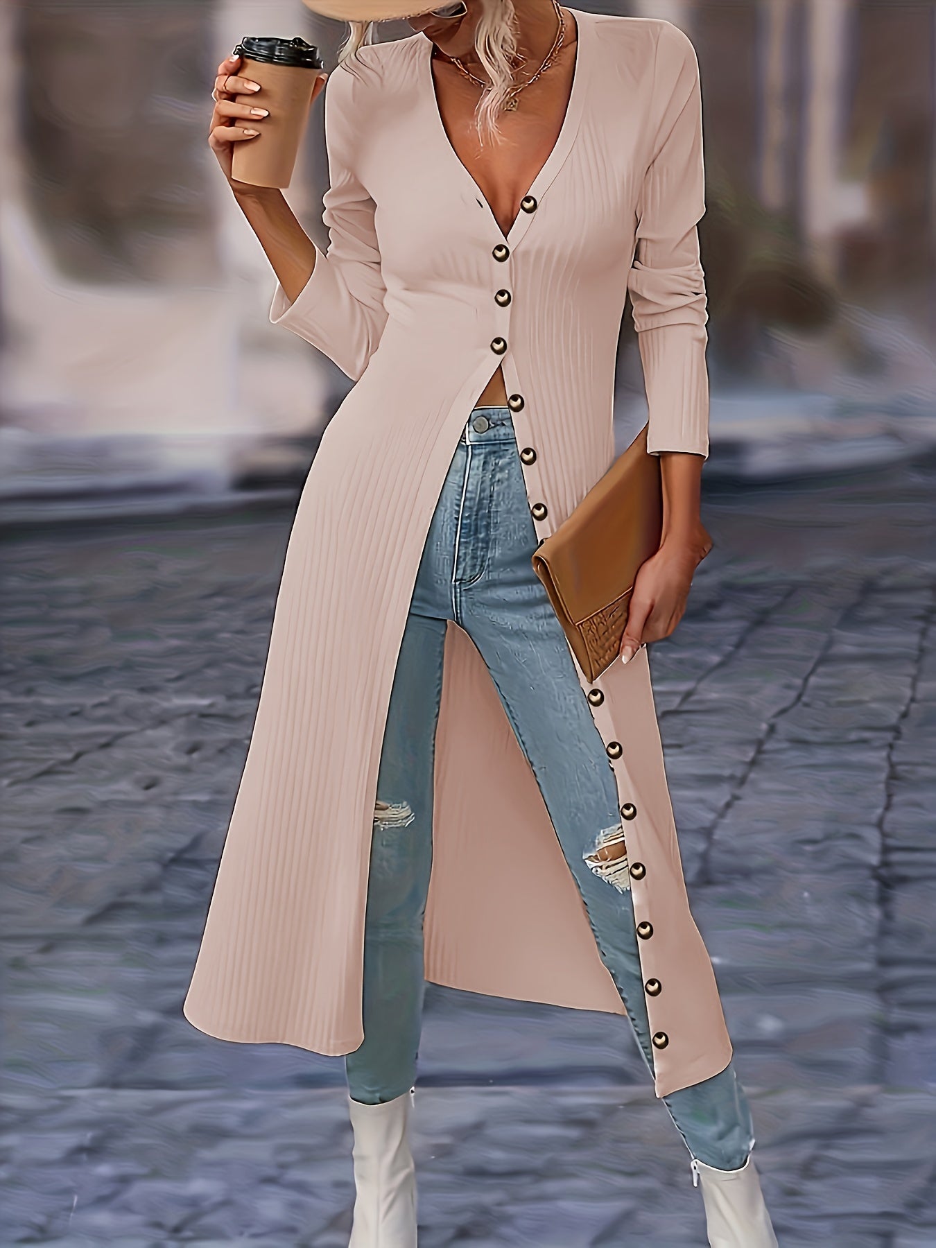Women's Long Cardigan - Ribbed Knit - Button-Front V-Neck - Tailored Fit