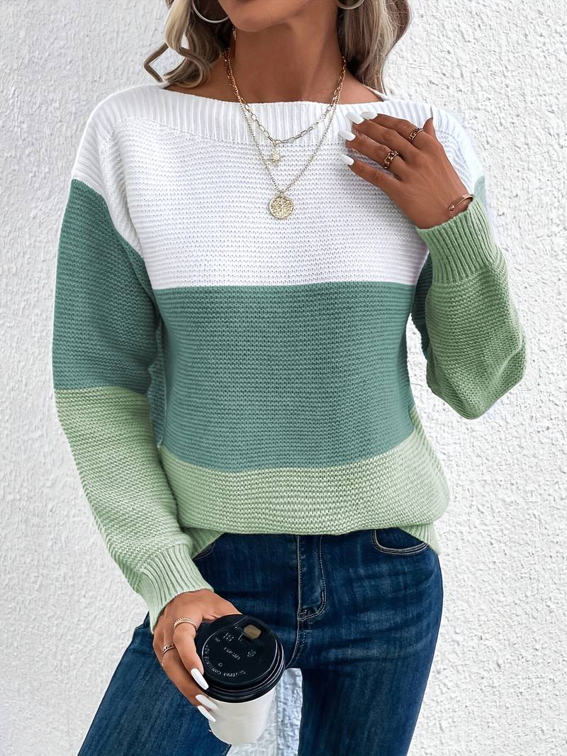 Women's Knit Sweater - Relaxed Fit - Crew Neck - Long Sleeve Color-Block Design