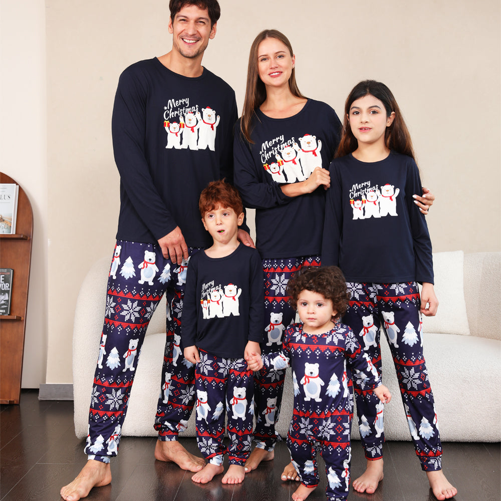 Family matching Christmas pajamas with polar bear design