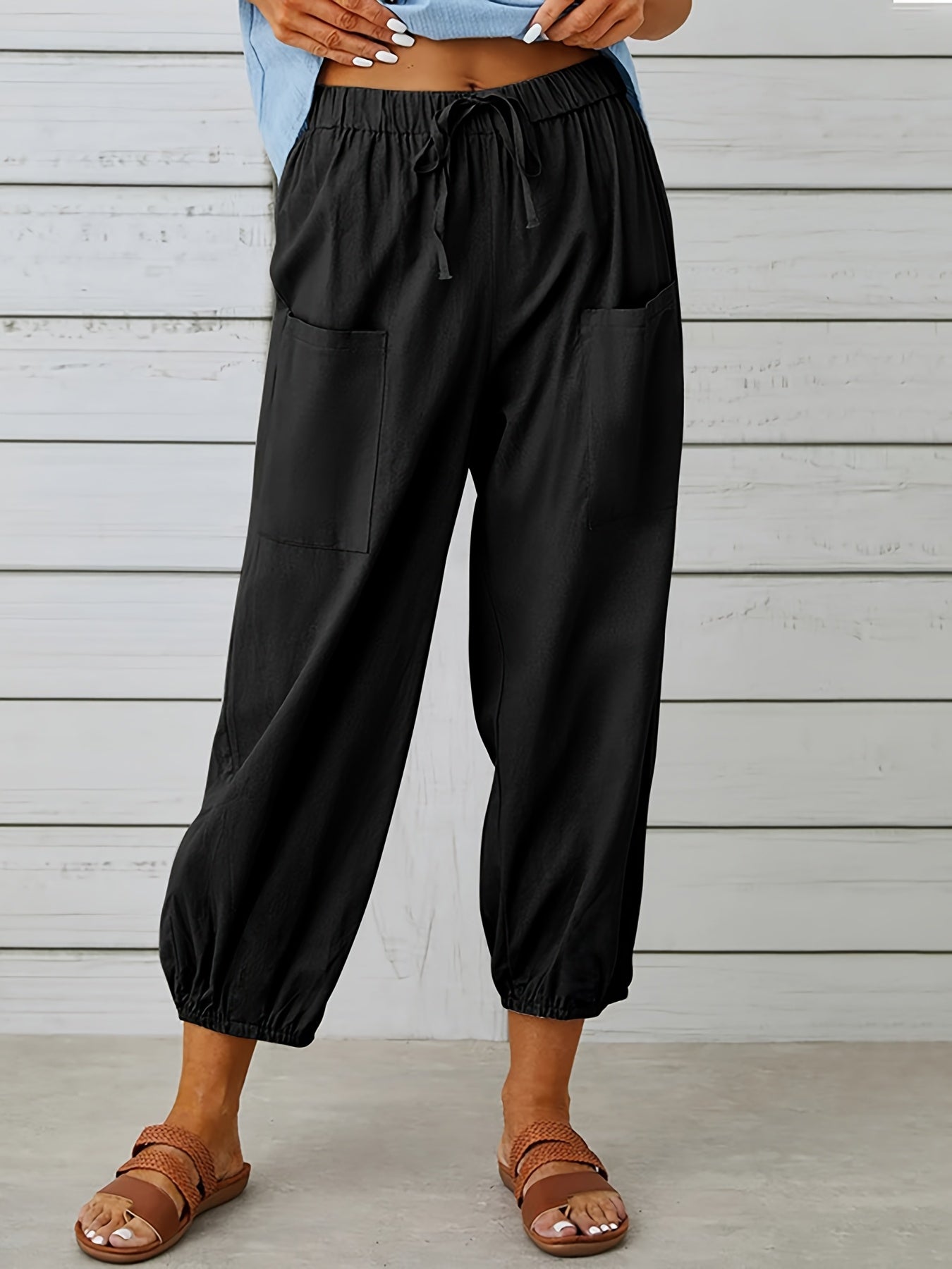 Women's Cropped Jogger Pants - Elastic Waist - Drawstring - Relaxed Fit - Pockets