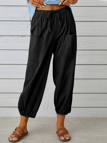 Women's Cropped Jogger Pants - Elastic Waist - Drawstring - Relaxed Fit - Pockets