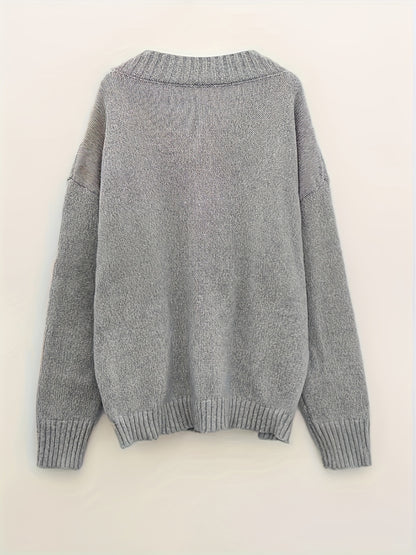 Knit v-neck long-sleeve sweater with ribbed edges for women