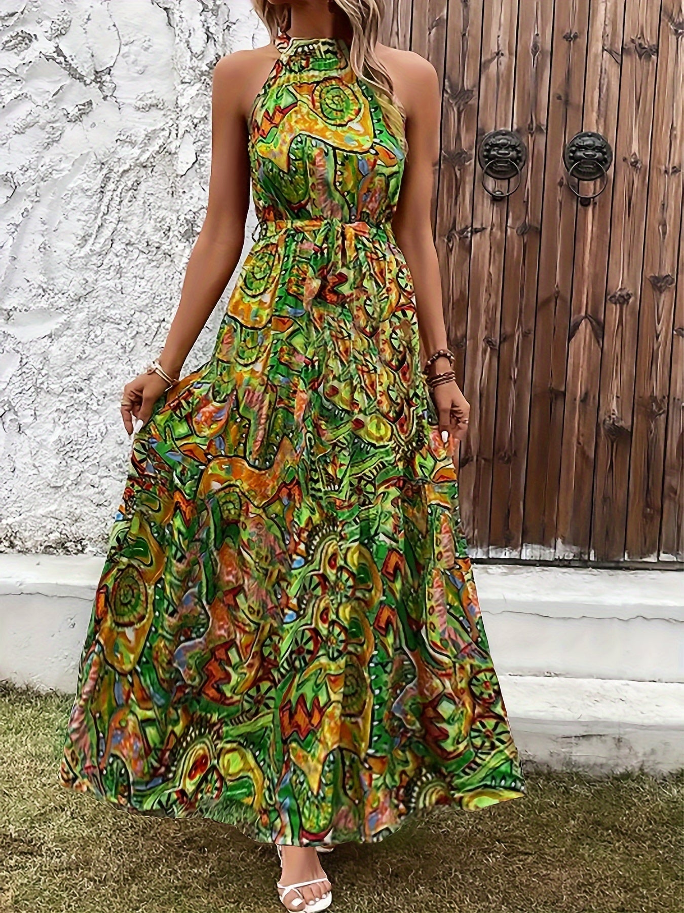 Halter-neck paisley print maxi dress with tie waist for women