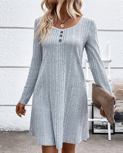 Women's Ribbed Knit Dress - Long Sleeve - Round Neck - Button Detail - A-Line Fit