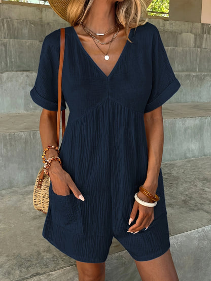Women’s Romper - V-Neck Short Sleeve - Loose Fit with Front Pockets - Textured Fabric