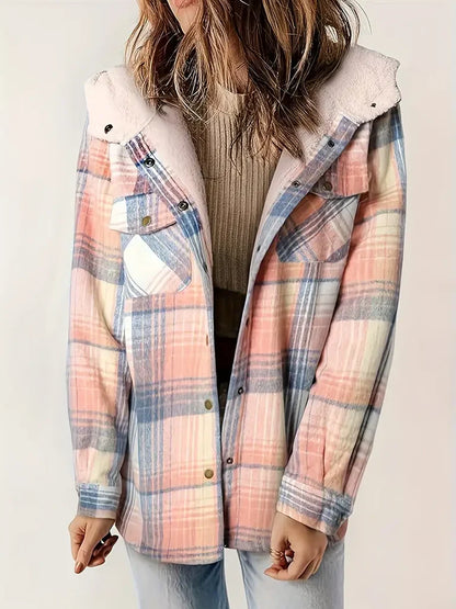 Women’s Hooded Shacket - Oversized Relaxed Fit - Sherpa Lined Collar and Hood - Snap Button Closure