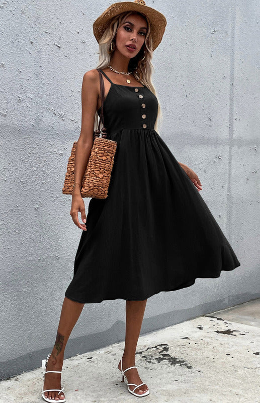 Women's A-Line Midi Dress - Sleeveless Spaghetti Strap - Button-Down Flared Fit