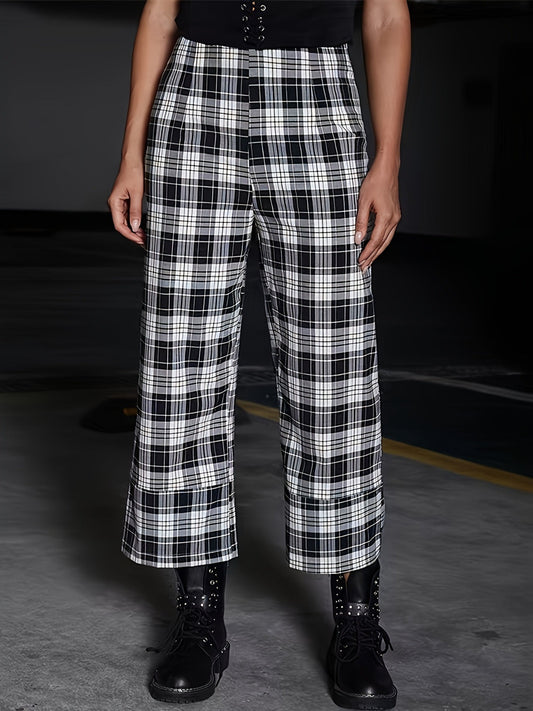 High-Waist Plaid Pattern Pants